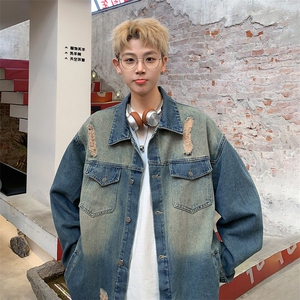 破洞牛仔夹克 C5375-TP70 控价98 春季港风美式复古蓝翻领外套男图片