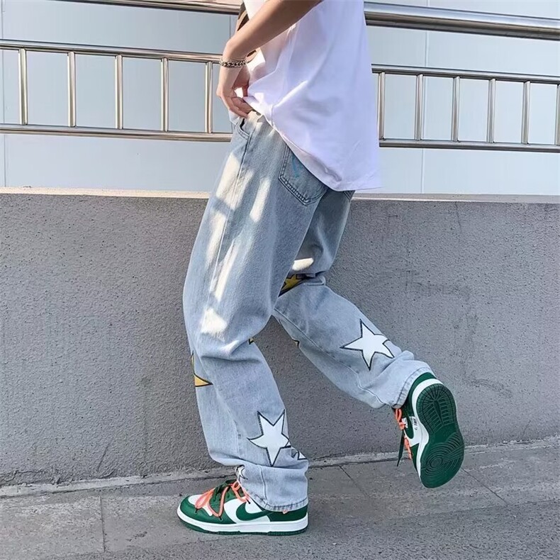 W342-P48春秋牛仔裤宽松直筒港风刺绣潮嘻哈ins潮牌阔腿长裤,男装牛仔裤,星座911-1