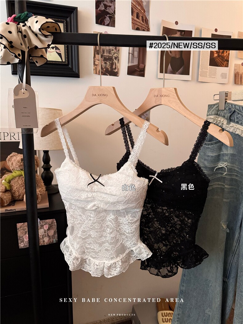 纯欲辣妹设计感纯欲短款蕾丝吊带背心女显瘦修身上衣，女装背心吊带，梦白服饰厂