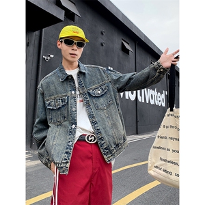 做旧水洗牛仔外套男春秋新款宽松复古痞帅工装翻领夹克JK1090-P75图片