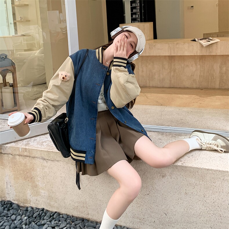 新款拼接牛仔外套女小熊棒球服夹克短款显瘦,女装牛仔外套,天使之佳话