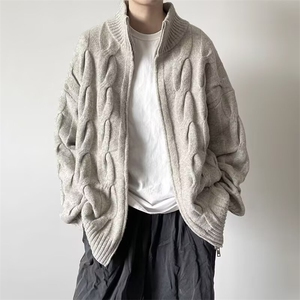 得物品质秋款男立领开衫毛衣北极绒提花宽松针织衫外套M81 P70图片