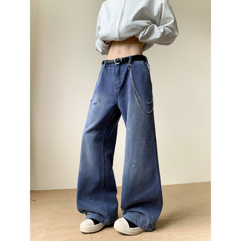 2025年新款春秋季美式复古泼墨白点渐变牛仔裤男宽松休闲阔腿长裤，女装牛仔裤，星座218-8