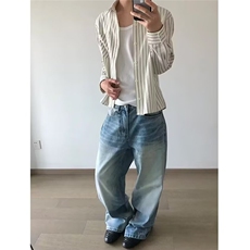 复古条纹长袖衬衫男2026秋季新款宽松慵懒风设计感小众风独特上衣，男装衬衫，星座506A