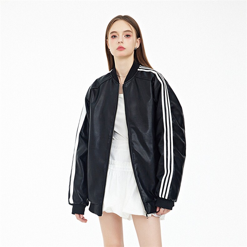 现货三条杠袖子PU皮棒球服外套秋冬棉服带帽可拆卸,男装棉衣,电商A105