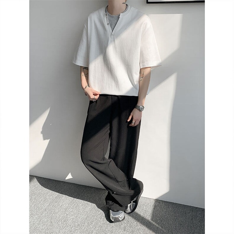 现货 T10132-特批33 控65 夏季新款假两件曼巴棉大码撞色T恤图片