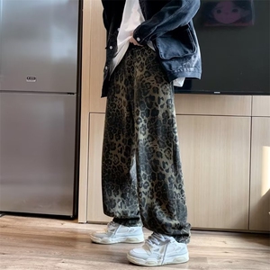 垂感豹纹牛仔裤男款潮牌欧美hiphop裤子宽松直筒阔腿长裤K8924,欧美达人女人穿搭图片