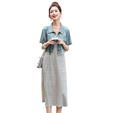 时尚牛仔条纹两件套显瘦修身夏季新款女装套装，女装套装/套裙，艾尚靓装