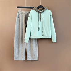 网红时尚休闲套装女秋季新款撞色麻花连帽长袖卫衣阔腿长裤两件套，女装套装/套裙，江南