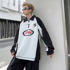 美式复古潮牌卫衣男女春秋季拼接赛车服POLO衫长袖T恤YA25-P40，男装卫衣，星座1008