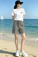 韩版休闲运动套装女夏季新款气质显瘦圆领短袖上衣条纹短裤两件套，女装套装/套裙，江南