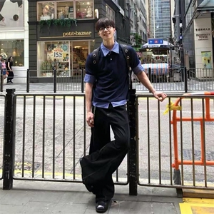 得物抖音高品质二开夏季美式潮牌高街假两件格子衬衣翻领短袖T恤
