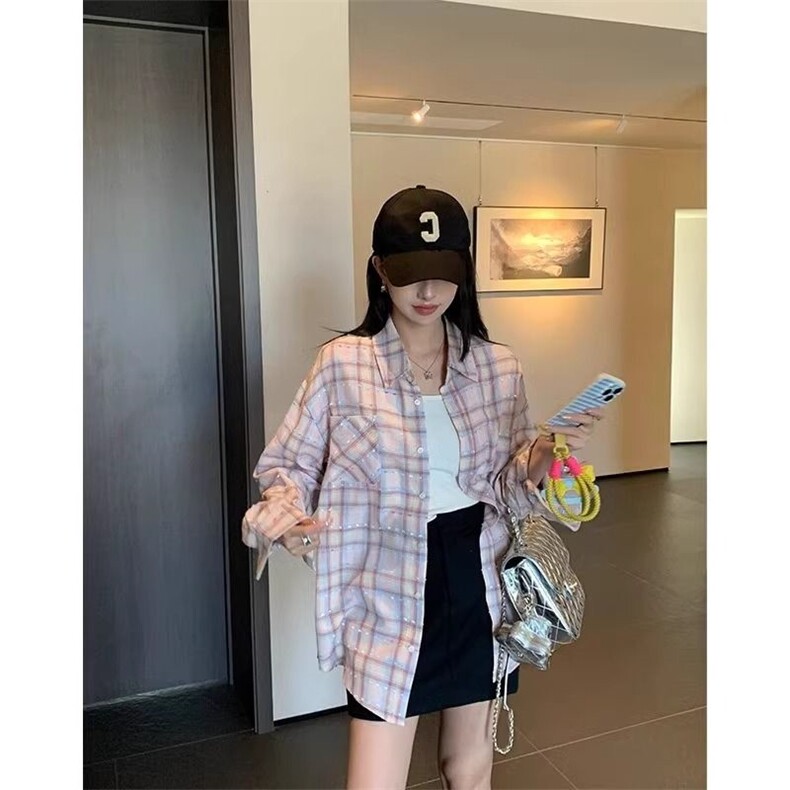 TC625-p45韩系chic格子衬衫女叠穿遮肉显瘦长袖衬衣外搭上衣ins,女装衬衫,星座617A-2