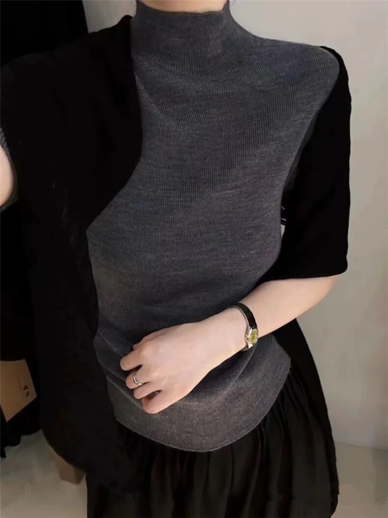 无缝全成型120S德国扬子纱羊毛女半高领半袖打底衫修身上衣五分袖，女装针织衫/毛衣，雪真羊绒