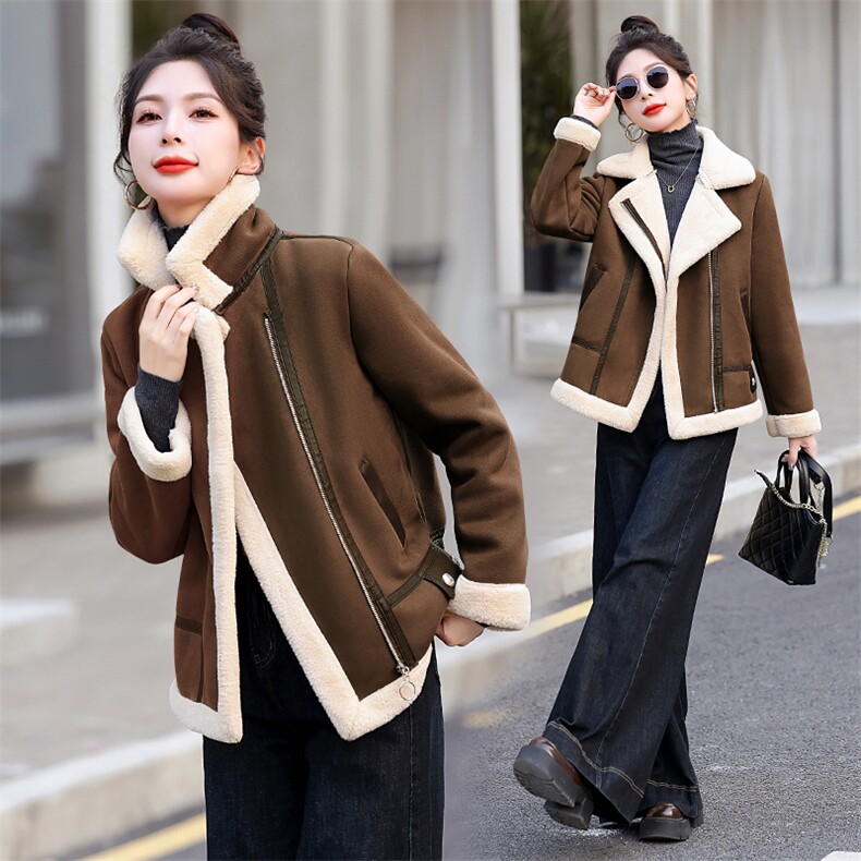 现货冬款拼接复合皮毛一体时尚保暖服颗粒绒外套百搭休闲韩系加绒，女装羊羔毛/颗粒绒，韩美纤衣