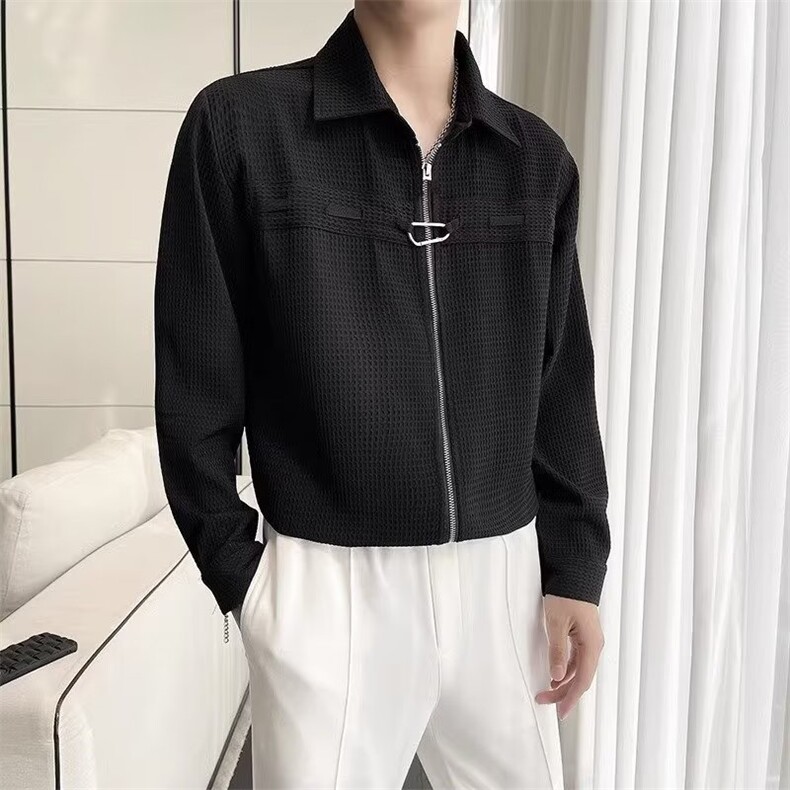 C246-P38夏季华夫格设计感宽松拉链衬衫男韩版高级小众，男装衬衫，电商B323A