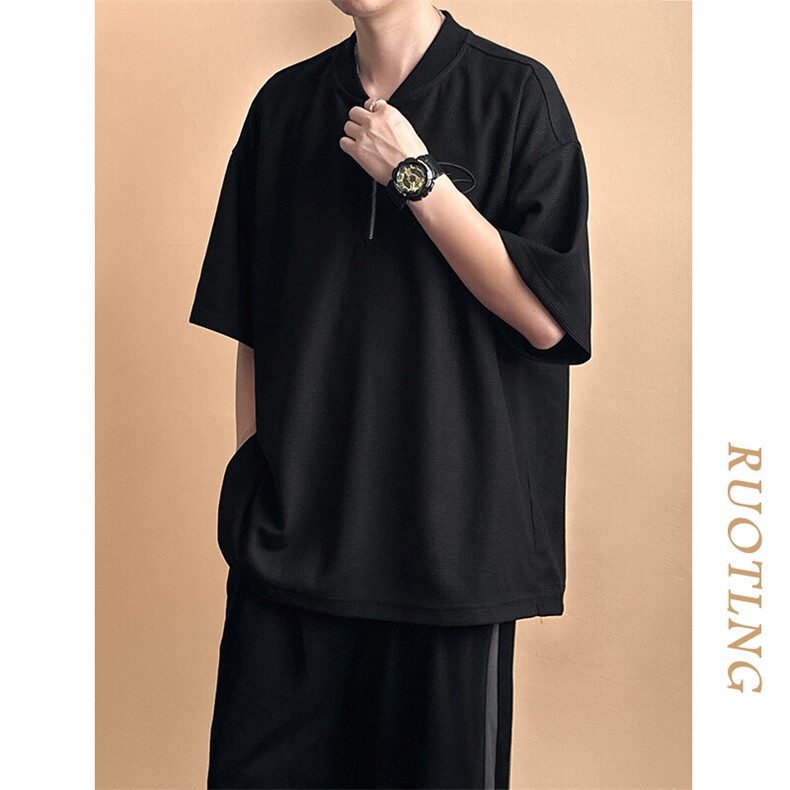现货-夏季新品华夫格拉链短袖男潮牌百搭宽松T恤-AT23008-P55,男装T恤,电商A351