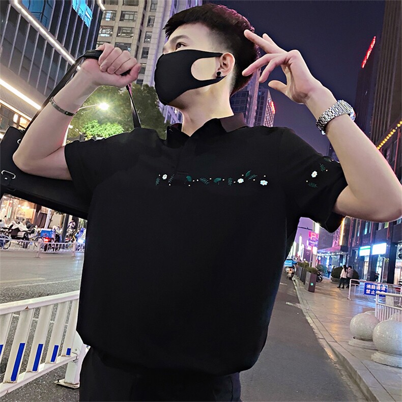 1005/特P58控78夏季社会小伙蜂巢透气网简约小刺绣短袖T恤男黑首2,男装T恤,星座305B-1