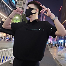 1005/特P58控78夏季社会小伙蜂巢透气网简约小刺绣短袖T恤男黑首2，男装T恤，星座305B-1