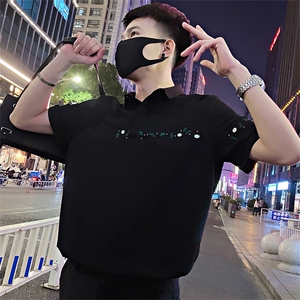 1005/特P58控78夏季社会小伙蜂巢透气网简约小刺绣短袖T恤男黑首2