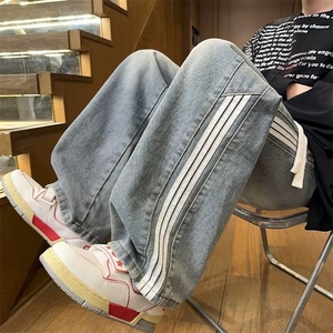 2026新款三条杠拼接牛仔裤直筒春秋美式潮牌宽松加长阔腿休闲裤图片