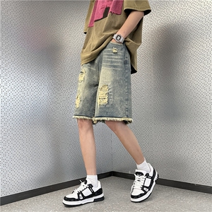 美式复古做旧破洞水洗牛仔短裤男牌潮宽松百搭五分裤DK06190-P38图片