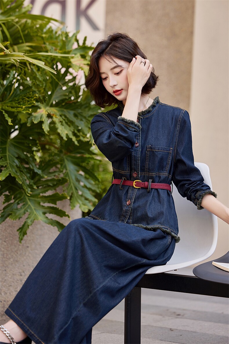 法式时尚套装女2024年秋季新款设计感收腰显瘦牛仔毛边两件套,女装套装/套裙,仟媚宠