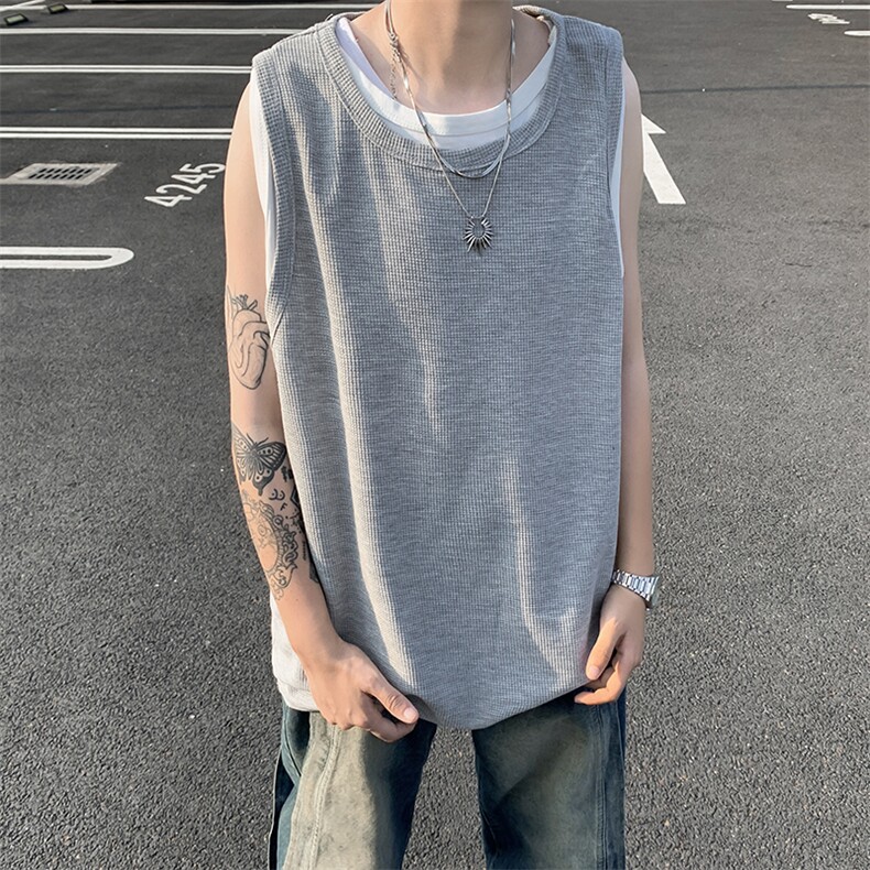 港风夏款男短袖背心假两件无袖宽松汗衫BX19P28,男装背心/马甲,星座1013-1
