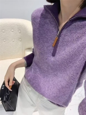 2025年秋季时尚百搭通勤简约休闲花纱拼色拉链polo领，女装针织衫/毛衣，晨旭羊绒