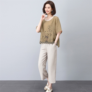 苎麻套装女夏2025新款中年妈妈宽松休闲时尚减龄棉麻阔腿裤两件套图片