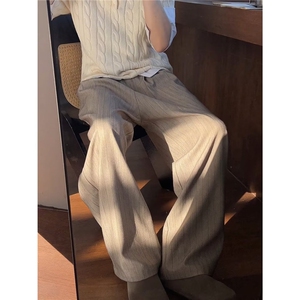 Q648美式复古直筒条纹休闲裤男宽松阔腿拖地裤小众慵懒风长裤图片
