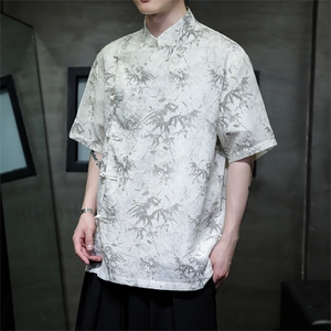 中式2024真棉麻斜门襟风复古汉服盘扣立领短袖衬衫CS35-P65图片