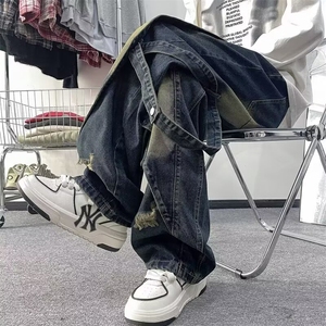 美式高街Vibe复古重工做旧水洗牛仔裤男设计直筒阔腿裤N4100-p55图片