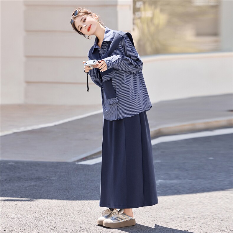 韩系气质披肩条纹衬衫套装女2025年春秋新款优雅大气半身裙三件套,女装套装/套裙,意芙