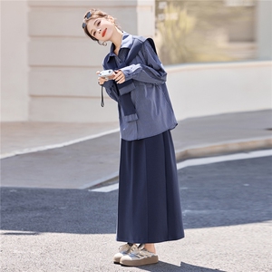 韩系气质披肩条纹衬衫套装女2025年春秋新款优雅大气半身裙三件套图片
