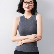 圆领新款针织背心女无袖纯色背心简约百搭宽松套头上衣女，女装针织衫/毛衣，清联羊绒
