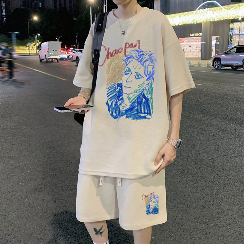 ！2024夏季男士华夫格短袖套装学生一套衣服HTZ20P50,男装T恤,电商B220