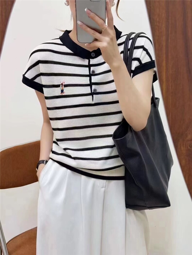 夏季新款针织短袖女撞色条纹Polo领刺绣针织衫,针织衫/毛衣,沐策羊绒
