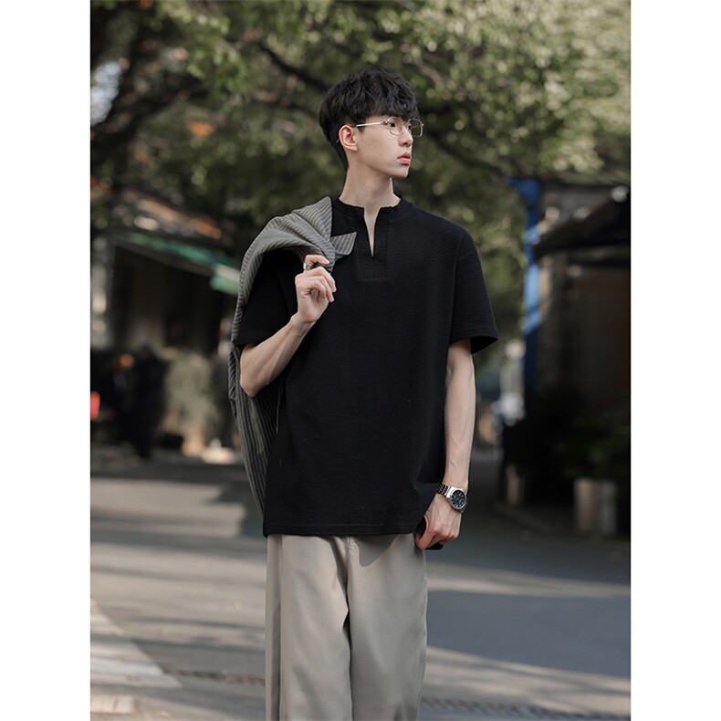 韩系简约小V领肌理T恤cityboy风落肩情侣短袖HY927TP28控49,男装T恤,电商A102B