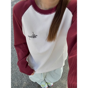 美式拼接华夫格卫衣女款秋季潮牌圆领长袖t恤cleanfit内搭打底衫