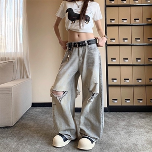 美式高街水洗复古破洞弯刀牛仔裤男女宽松阔腿休闲裤NK24-P60图片