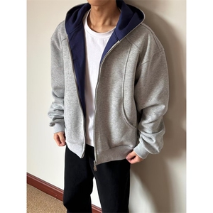 1506/QA010/P52新款连帽休闲纯色拉链开衫外套灰色帽衫运动潮图片