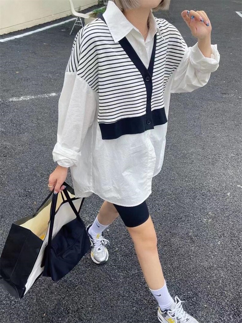 现货欧货春装新款条纹拼接衬衫，女装衬衫，AT(2F)