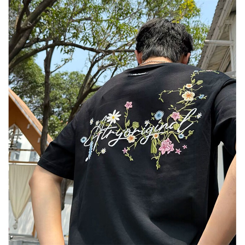 万针全刺绣工艺抖音得物高品质260克重磅纯棉双纱美式高街短袖T恤,男装T恤,电商A486