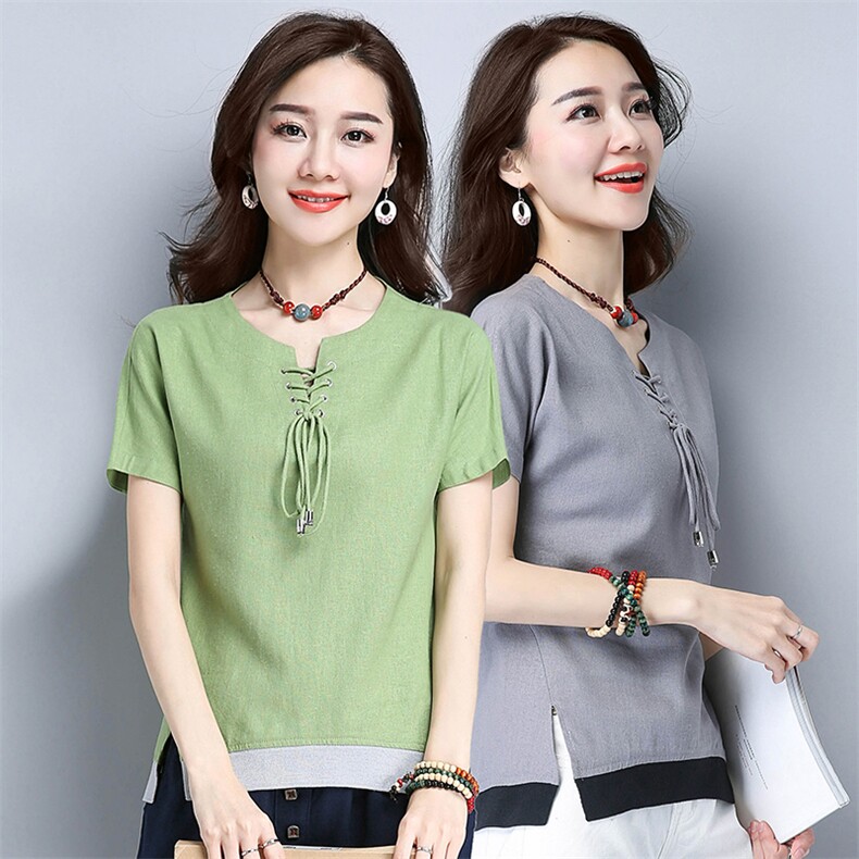 短袖2021年夏季修身V领通勤拼色拼接T恤气质百搭绑绳，女装T恤，丽影随形