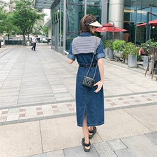蓝色减龄polo领减龄衬衫连衣裙女2025夏季新款法式温柔风气质裙子，女装连衣裙，帛香坊