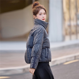 2025冬新款立领短款小格纹白鸭绒羽绒服女图片