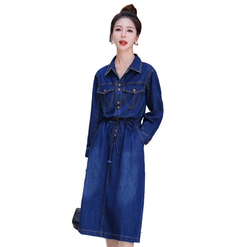 牛仔连衣裙女长袖2025春秋新款韩版时尚显瘦翻领中长款牛仔裙子,女装连衣裙,慧尚依恋