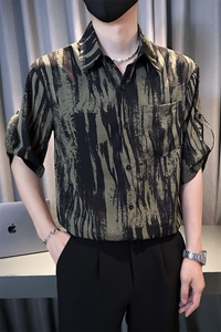 小伙宽松冰丝垂感衬衫男度假风短袖复古花衬衣A236--P50图片