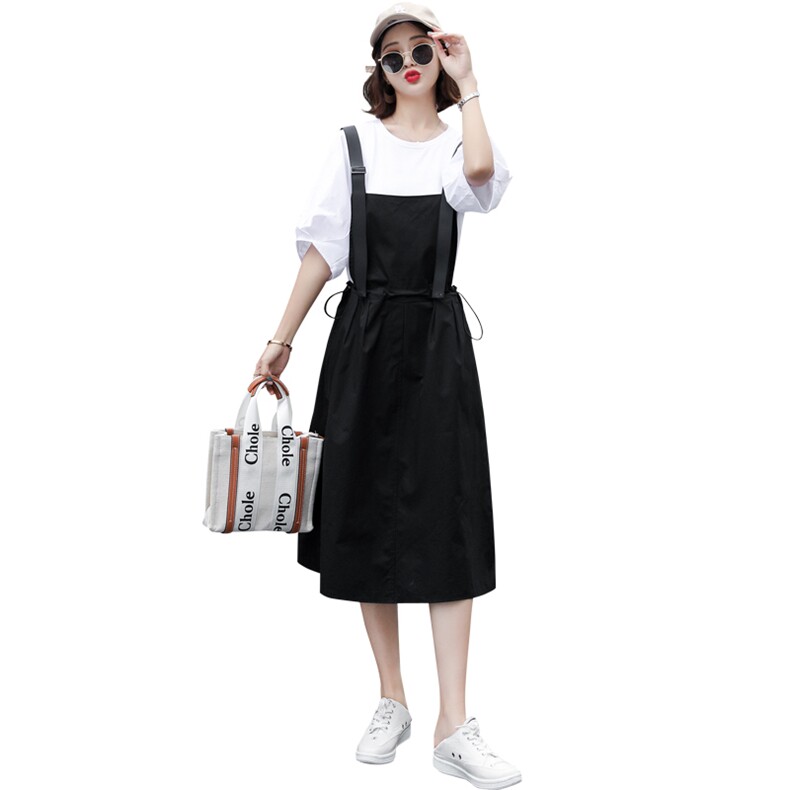日系背带裙女夏季二件套装2021新款薄款减龄洋气中长款吊带连衣裙,女装连衣裙,辉之琳